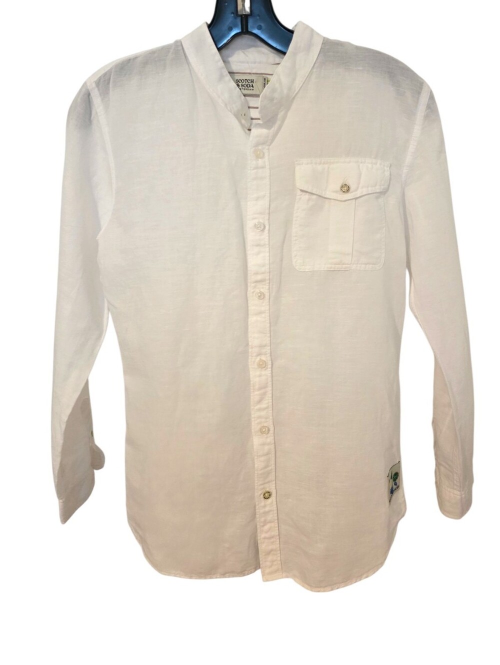 Scotch & Soda White Linen-Blend Mandarin Collar Casual Button-Down